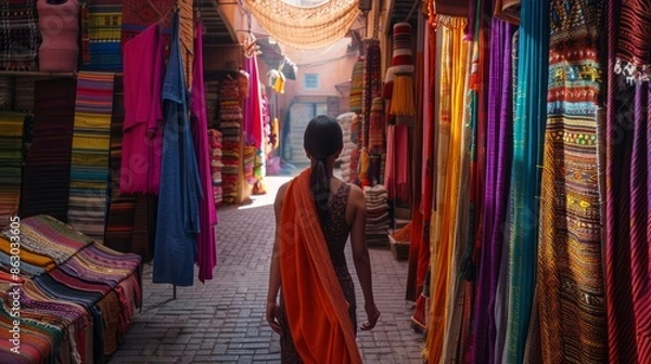 Fototapeta Bustling Marrakech market teems with color as an explorer sifts through vibrant textiles amid aromatic spices under the harsh August sun