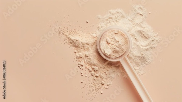 Fototapeta Hydrolyzed collagen powder scoop on beige backdrop promoting food additives for health