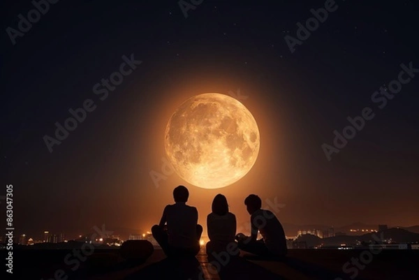 Obraz MidAutumn Festival Celebration on Rooftop Terrace with Friends Sharing Mooncakes and Tea Under Full Moon