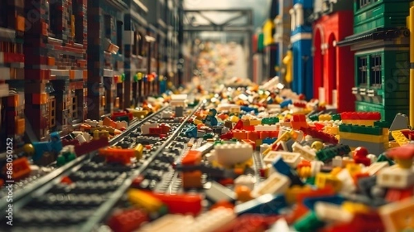 Obraz Colorful City in Chaos with Bricks Scattered on Railway Tracks