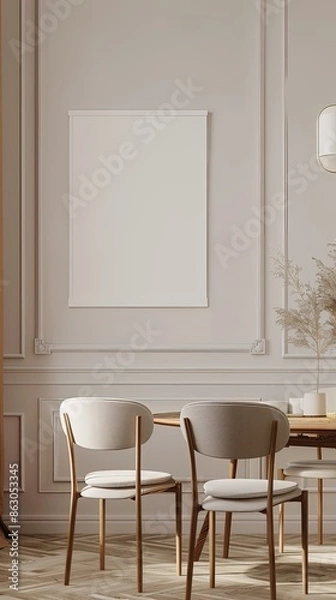 Fototapeta dining room interior design with table and chairs, white poster frame mockup on the beige wall, in vertical orientation for social media post