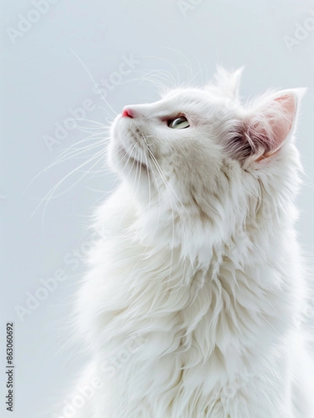 Obraz A cute white cat standing in profile on a light background. Generative AI.