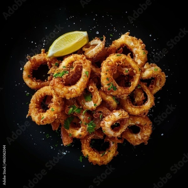 Fototapeta Delicious Crispy Fried Calamari Rings with Lemon and Parsley Garnish