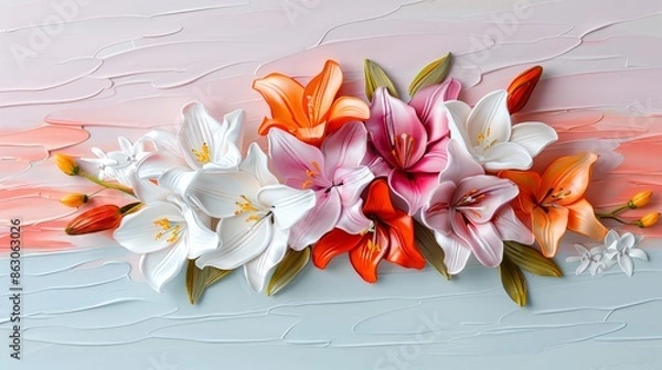 Fototapeta Wedding bouquet of lilies rendered in palette knife oil painting, chunky paint for a striking 3D look, bold and vivid colors with textured layers adding depth and realism