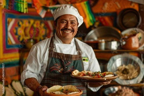 Obraz smiling Mexican chef serving traditional tacos in a clay pot