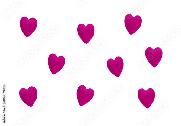 Fototapeta Valentine or Mother's day festive greeting card border from various mixed pink hearts on white background.