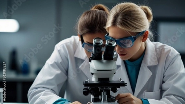 Fototapeta Young scientists in sterile clothing and safety goggles sitting at table conducting research investigations in a medical laboratory using a microscope, Serious concentrated female microbiologist.