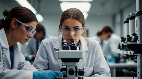 Fototapeta Young scientists in sterile clothing and safety goggles sitting at table conducting research investigations in a medical laboratory using a microscope, Serious concentrated female microbiologist.