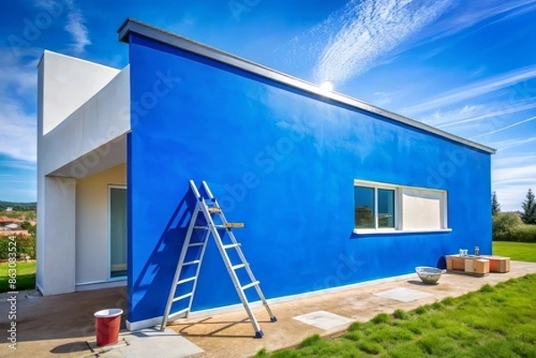 Fototapeta Vibrant blue wall of a new construction house being painted with a large blank space, perfect for adding text or products, against a bright outdoor background.