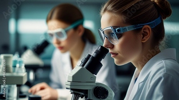 Fototapeta Young scientists in sterile clothing and safety goggles sitting at table conducting research investigations in a medical laboratory using a microscope, Serious concentrated female microbiologist.