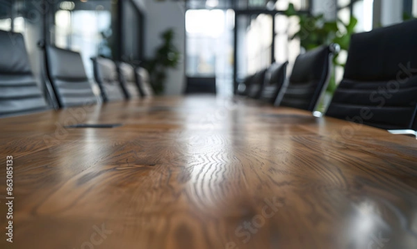 Fototapeta empty conference table with black leather chairs