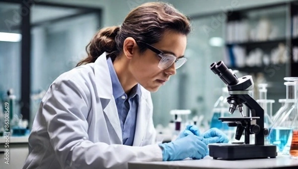 Obraz chemist is doing an experiment in the laboratory, A scientist is using a microscope to analyze the chemical composition, A scientific experiment is searching for biological answers in a laboratory,