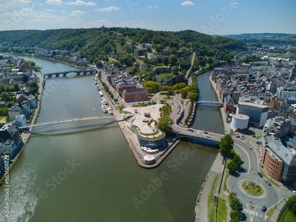 Obraz Fortified Citadel of Namur over the confluence of Meuse and Sambre rivers in Namur, Belgium. Aerial view.