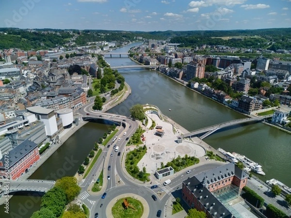 Obraz Confluence of Sambre and Seine rivers in Namur, Belgium, on a sunny day. Aerial view.