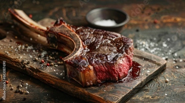 Fototapeta Close up of dry aged wagyu tomahawk steak on rustic board with space for text