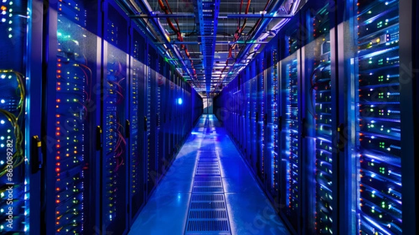 Fototapeta Data center server room technology cloud computing system virtual online storage service information access world network interconnection servers  streams modern computer web software cyber security