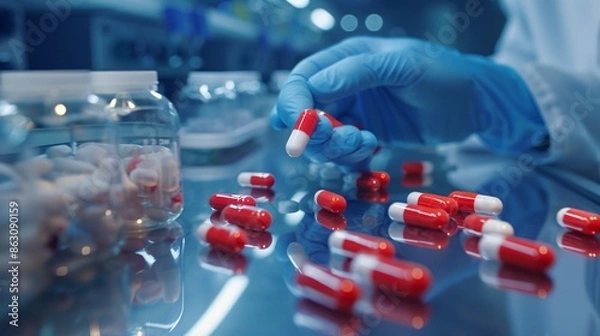 Fototapeta Quantum entangled pills for instant effect, scientist demonstration in high-tech lab