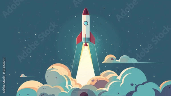 Fototapeta Vector Art of Spacecraft Liftoff with Cloudy Sky