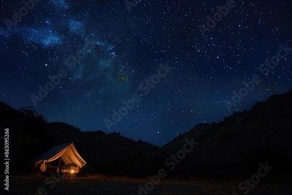 Fototapeta A tent glows under a night sky full of stars.