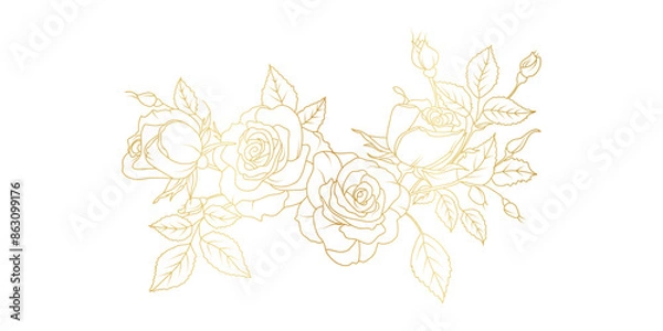 Obraz Golden rose flowers line art isolated on white background. Luxury roses floral design elements for invitation, wedding, wallpaper, print template, vector illustration