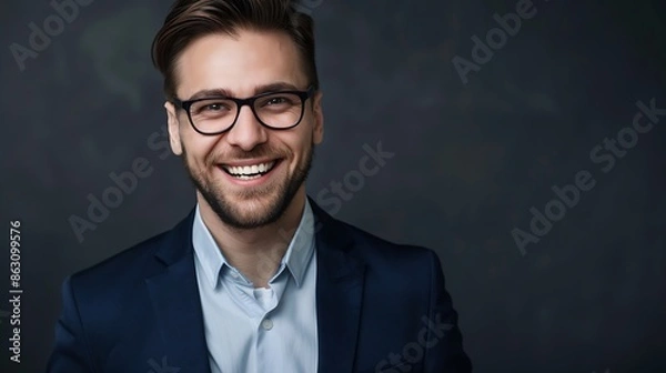 Fototapeta Close up portrait of a cheerful man in glasses and dark blue suit Isolated on grey background : Generative AI
