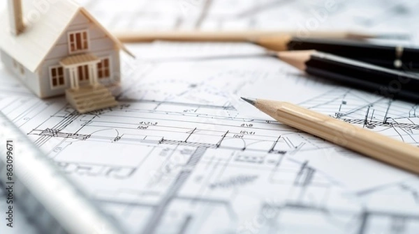 Fototapeta Architects and engineers are working together to edit the draft house plan that was designed after it was presented to the client and partially revised the design Interior design and d : Generative AI