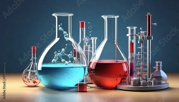 Fototapeta Human chemistry lab flask with equipment. 3d illustration 