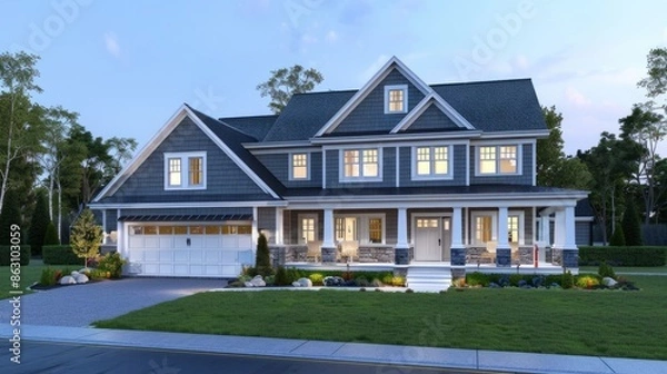 Fototapeta Modern luxury home at dusk with lighting