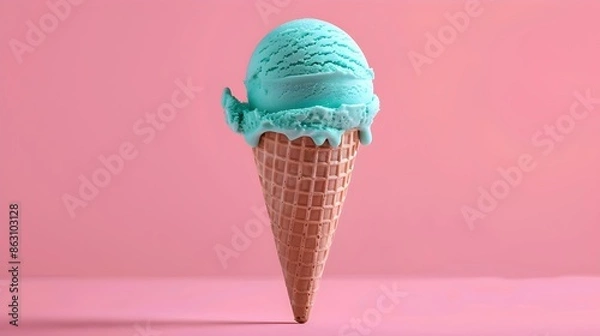 Obraz Turquoise Ice Cream Cone on a pink Background with Copy Space