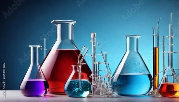 Fototapeta Laboratory glassware on color background
