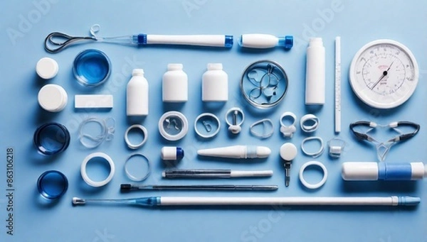 Fototapeta Medical concept of health care, clinical diagnostics, laboratory tests, analysis, physiological examination, doctoral accessories. Purity, white and blue color, flat lay.