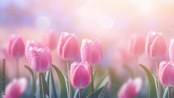 Obraz Pink tulips covered with dew on the background of gentle dawn light. Thin drops of water emphasize their beauty and freshness.
