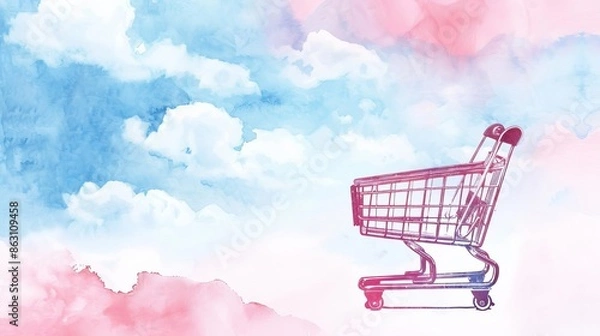 Fototapeta Surreal shopping cart on pink and blue watercolor background, symbolizing abstract retail and online shopping concepts.