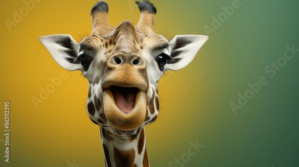 Fototapeta Giraffe with happy face with green gradient background