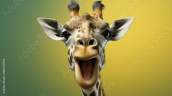 Fototapeta Giraffe with surprised face with green gradient background