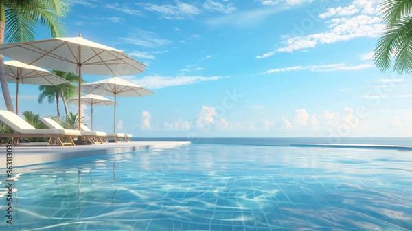 Fototapeta A tropical-themed poolside setup with umbrellas and loungers, summer, swimming pool, hd, exotic with copy space