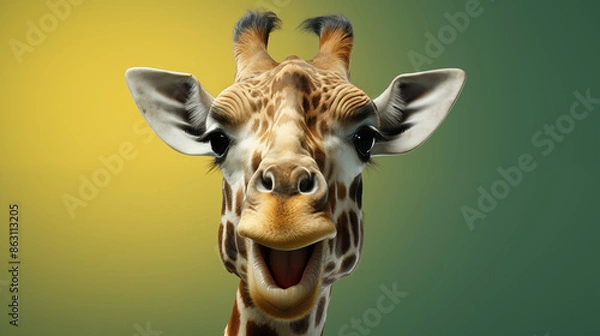 Fototapeta Giraffe with green and yellow gradient background.