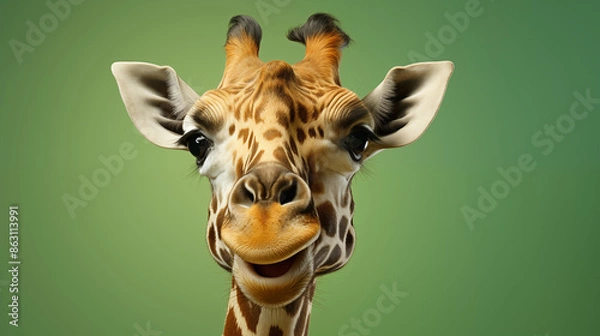 Fototapeta Giraffe with smart face with green gradient background for offer.