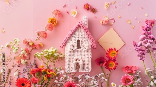 Fototapeta Creative handmade spring home decor with crocheted house figurine traditional flowers and festive greeting card on pastel pink background