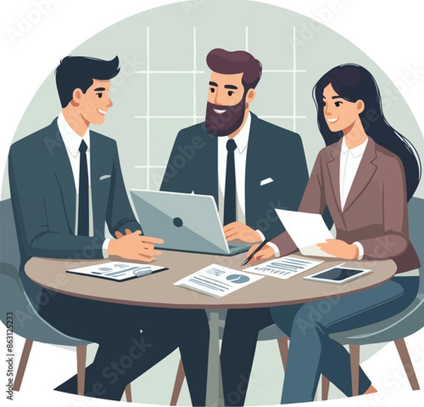 Fototapeta Partners meeting for business discussion with documents and laptop on desk. Couple at round table, speaking, discussing work, partnership. Flat vector illustration isolated on white background