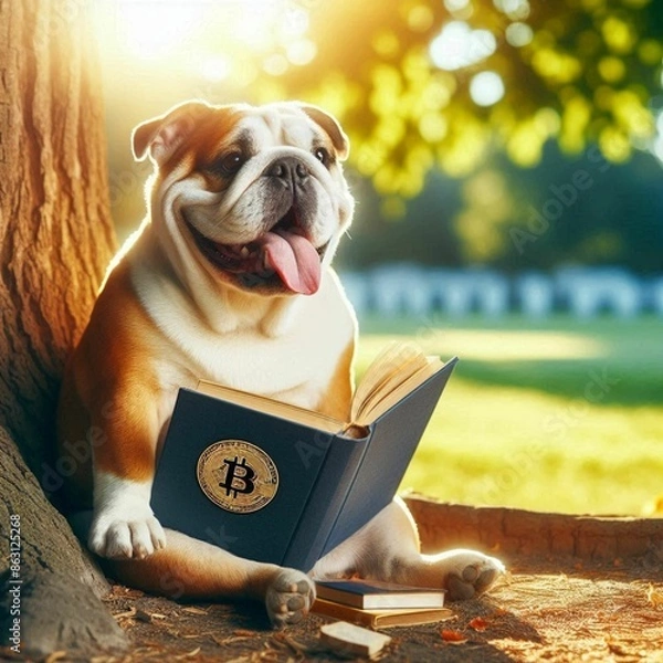 Obraz smiling bulldog dog, sitting under the tree, on a sunny day, enjoying the shade while reading a book with the bitcoin symbol on the cover