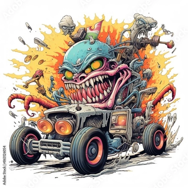 Fototapeta Mad Max Fury Road meets Mars Attacks. Cartoon illustration of a grotesque alien creature driving a customized, weaponized off-road vehicle through a post-apocalyptic wasteland.