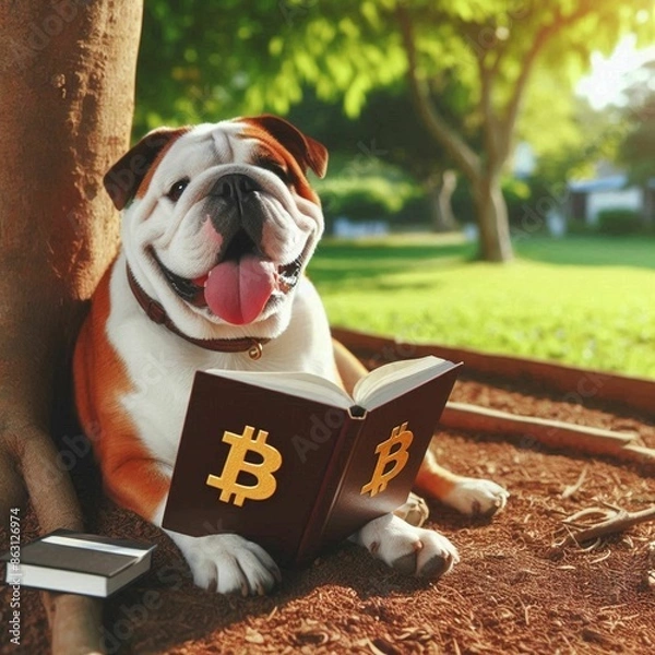 Obraz smiling bulldog dog, sitting under the tree, on a sunny day, enjoying the shade while reading a book with the bitcoin symbol on the cover