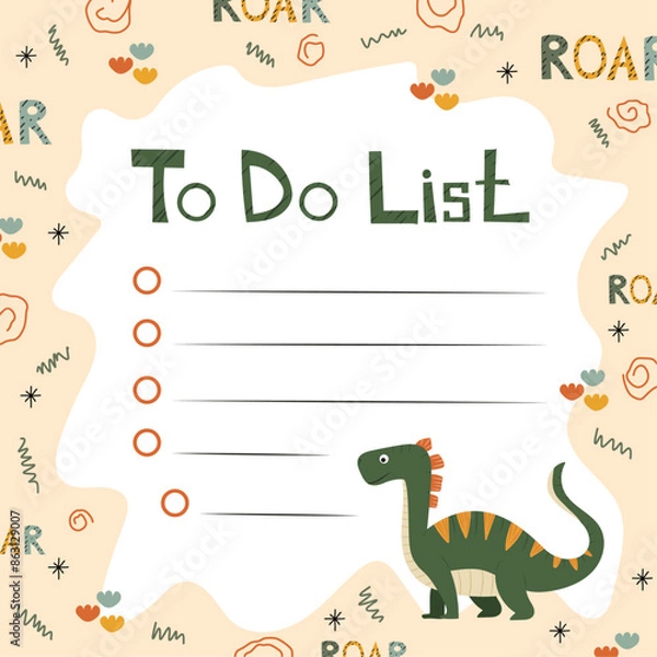 Fototapeta Кids dinosaur to do list template. Cute planner template with vector dinosaur illustration in cartoon flat style. Buck to school concept. For school, office notes, planners, shopping lists.
