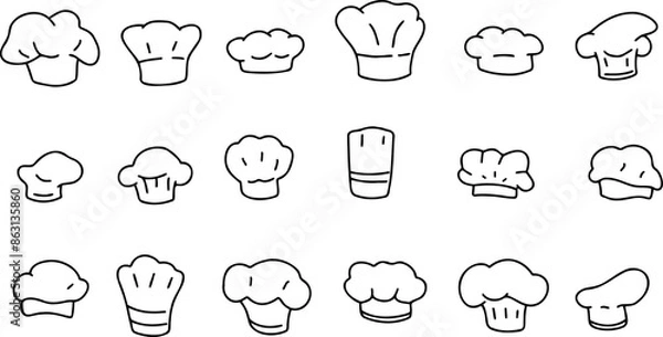 Fototapeta Chef hat, cook uniform. Drawing kitchen bakery cooker cap. Sketch italian culinary. Restaurant white uniform. Set of cooking cloth.