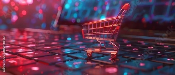 Fototapeta A 3D illustration of a shopping cart on a laptop keyboard, representing the concept of online shopping and ecommerce