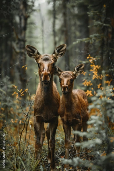 Fototapeta Young moose calves standing next to their mothers in a forest clearing,
