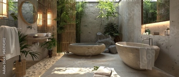Fototapeta Zen-inspired bathroom with natural stone elements, bamboo accessories, and a Japanese soaking tub, evoking a sense of tranquility and relaxation