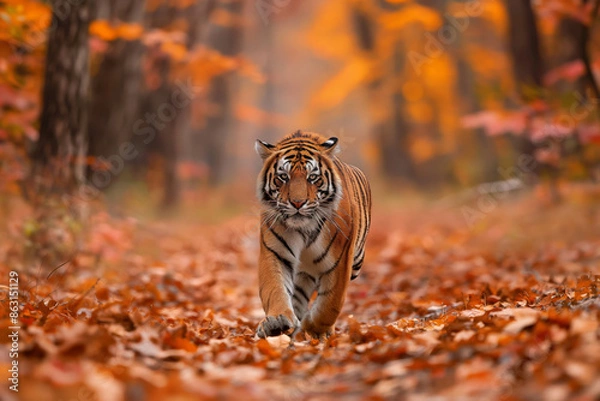 Fototapeta A magnificent tiger strolls through a forest blanketed in leaves, radiating strength and elegance. The vivid autumn foliage, with its reds, oranges, and yellows, forms a breathtaking contrast. Poster