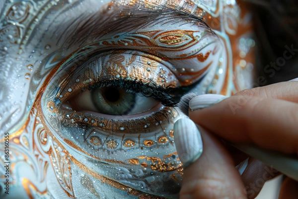 Obraz Close-up of an eye with intricate face paint being detailed by an artist, showcasing vibrant and artistic makeup design.